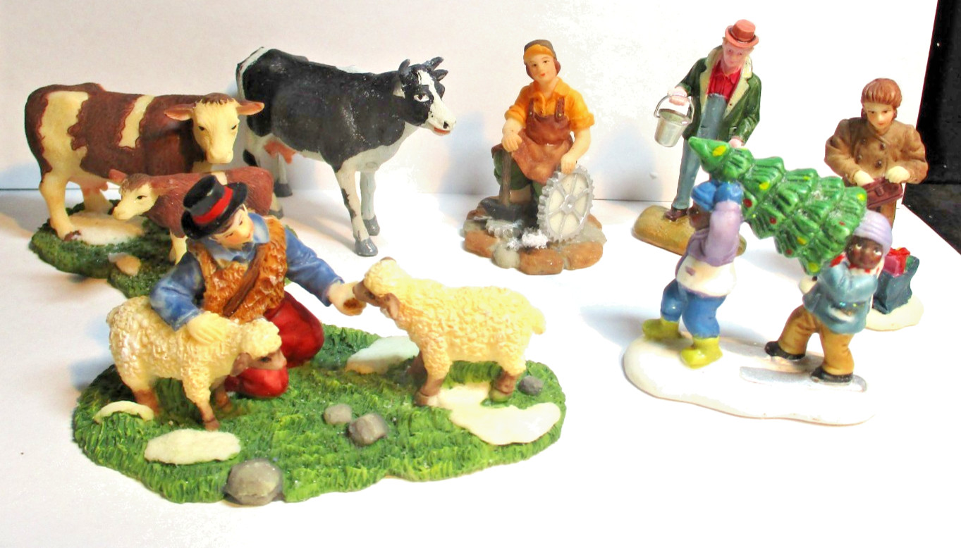 7 O’well Christmas Village Figures Cows Sheep Men Women Children w Tree