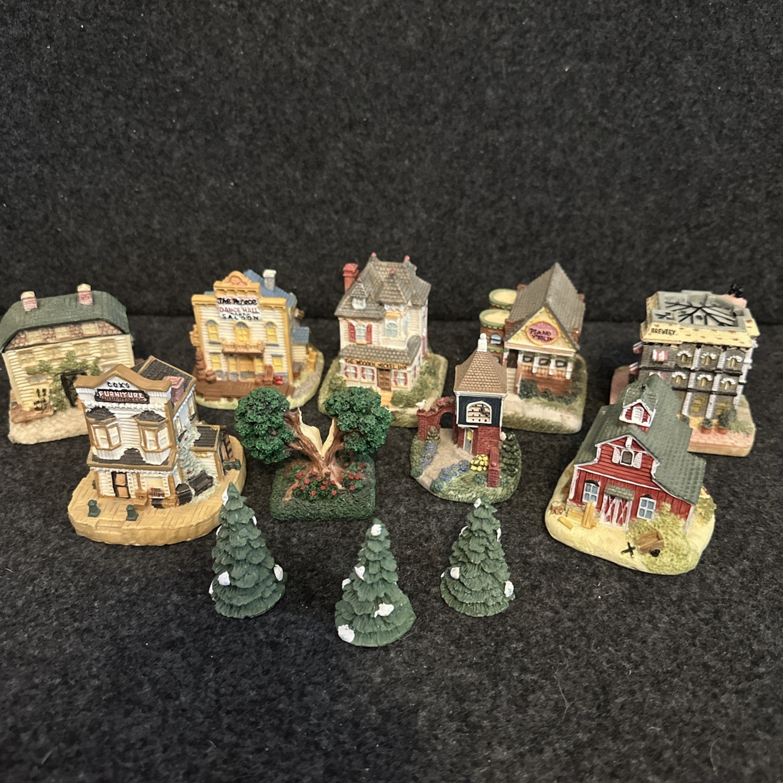 1993–1999 RGA Miniature Village Lot of 9 Hand-Painted Resin Cottages & Trees