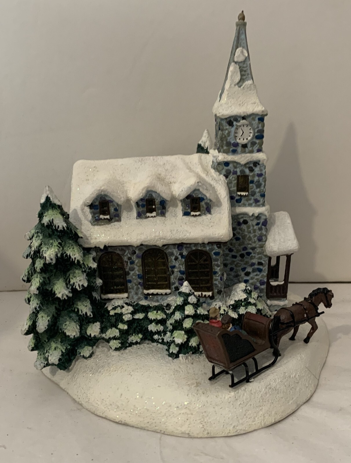 Snow Covered Chapel With Horse Drawn Sleigh Lights Up