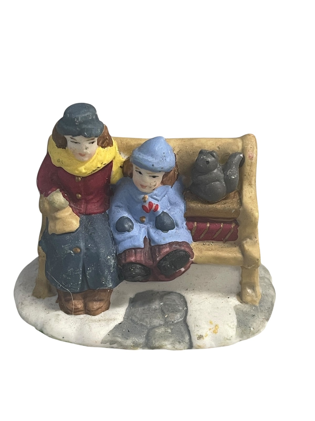 Winter Children on Bench Figurine Squirrel Holiday Village Christmas Decor