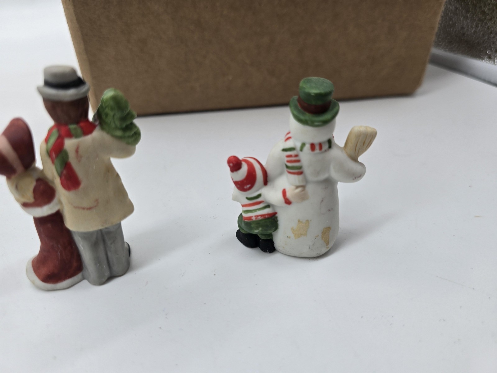 Unmarked Christmas Village Resin Figures Set 4 Snowmen Tree Flag Patriotic Decor
