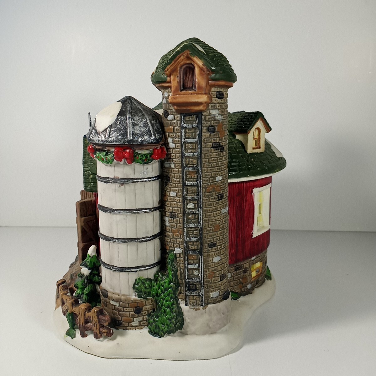 Porcelain Enchanted Forest Lighted Christmas Farm House Round Barn Farmer