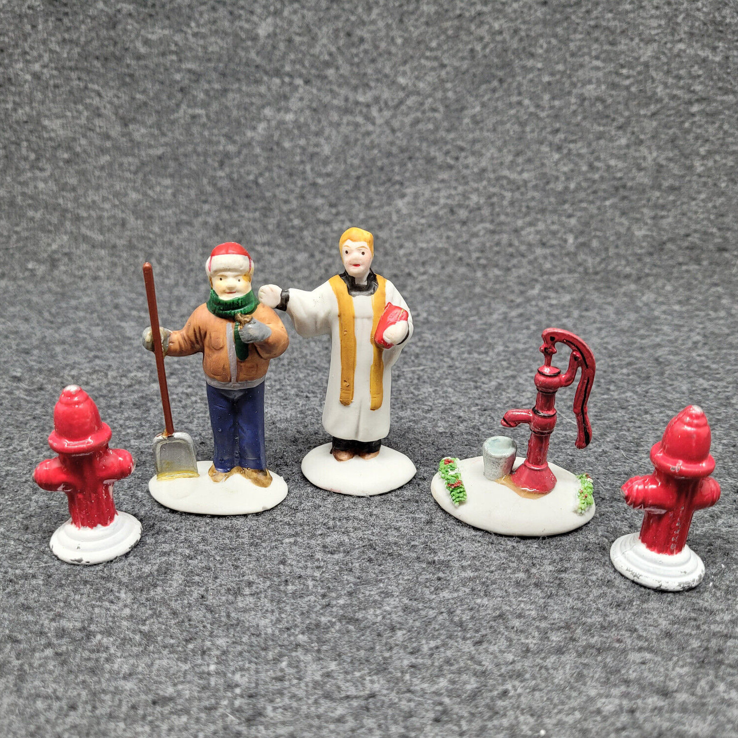 Vintage Lemax Figurines Priest Man w/ Shovel Hand Pump 2 Fire Hydrant