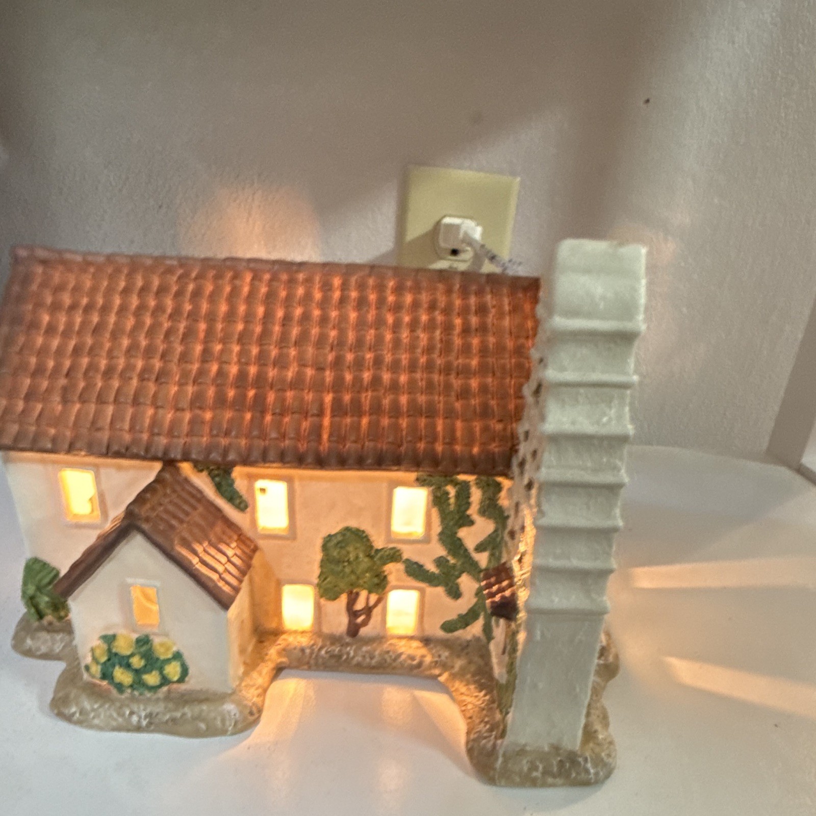 Illuminated Painted Ceramic Village House w/ Tower, White Brown Green, Indoor