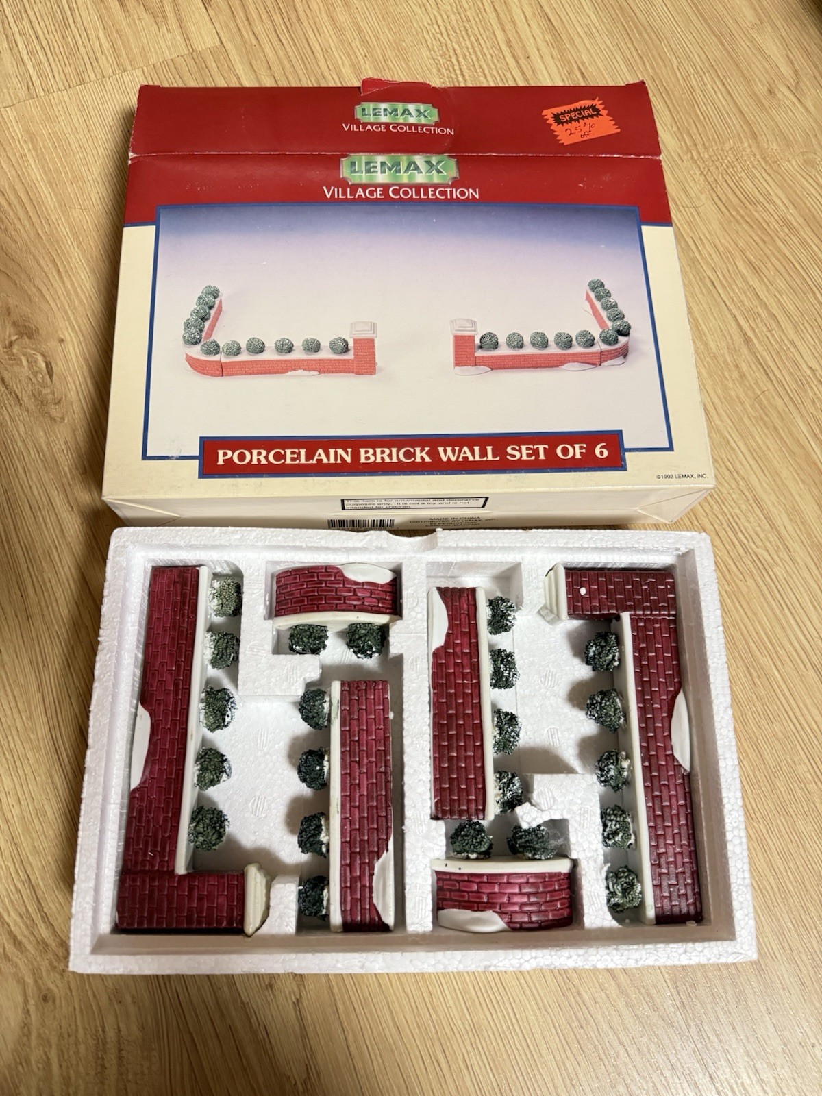 Lemax Village Collection Porcelain Brick Wall Set of 6 Red White Green Christmas