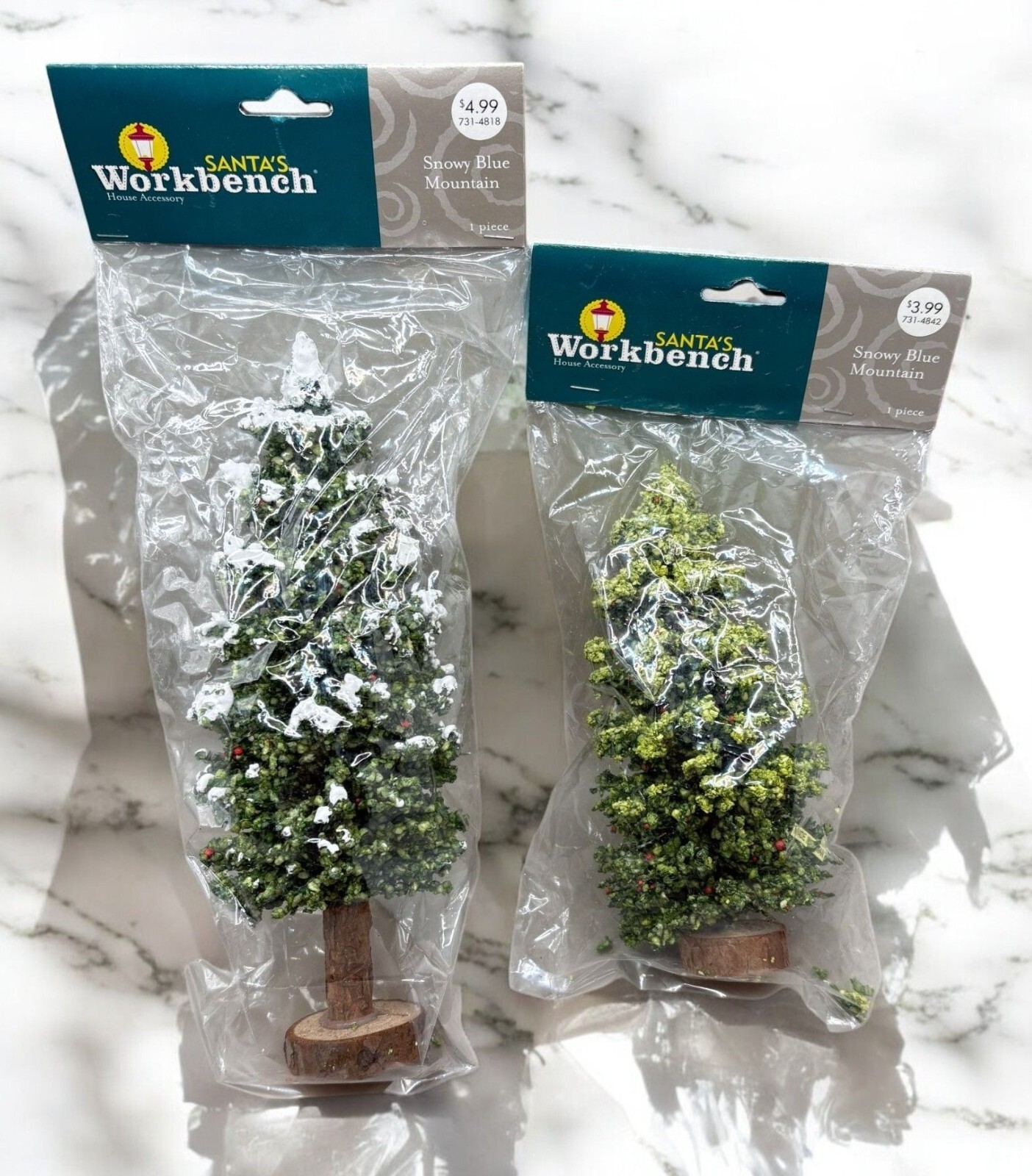 Santas Workbench Miniature Trees Snowy Blue Mountain Set of 2 Christmas Village