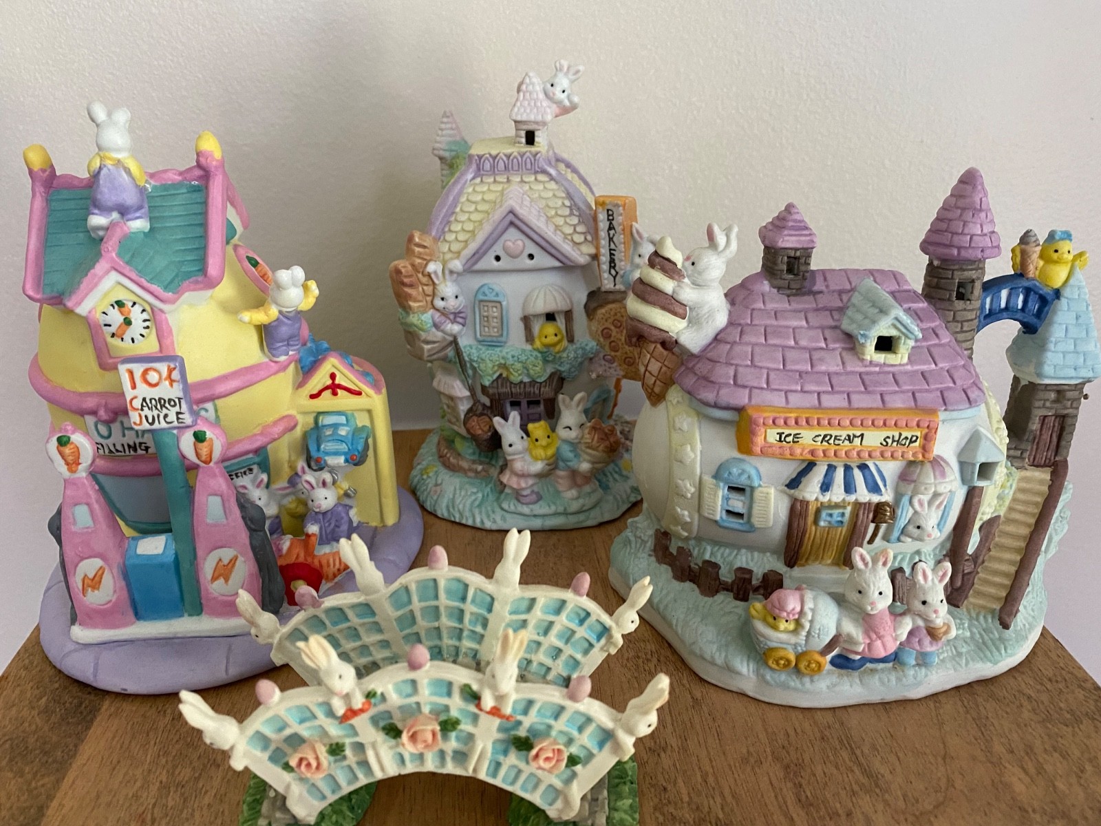 Easter Village Set of 4, Carrot Juice Ice Cream Bakery + Hand-Painted Porcelain