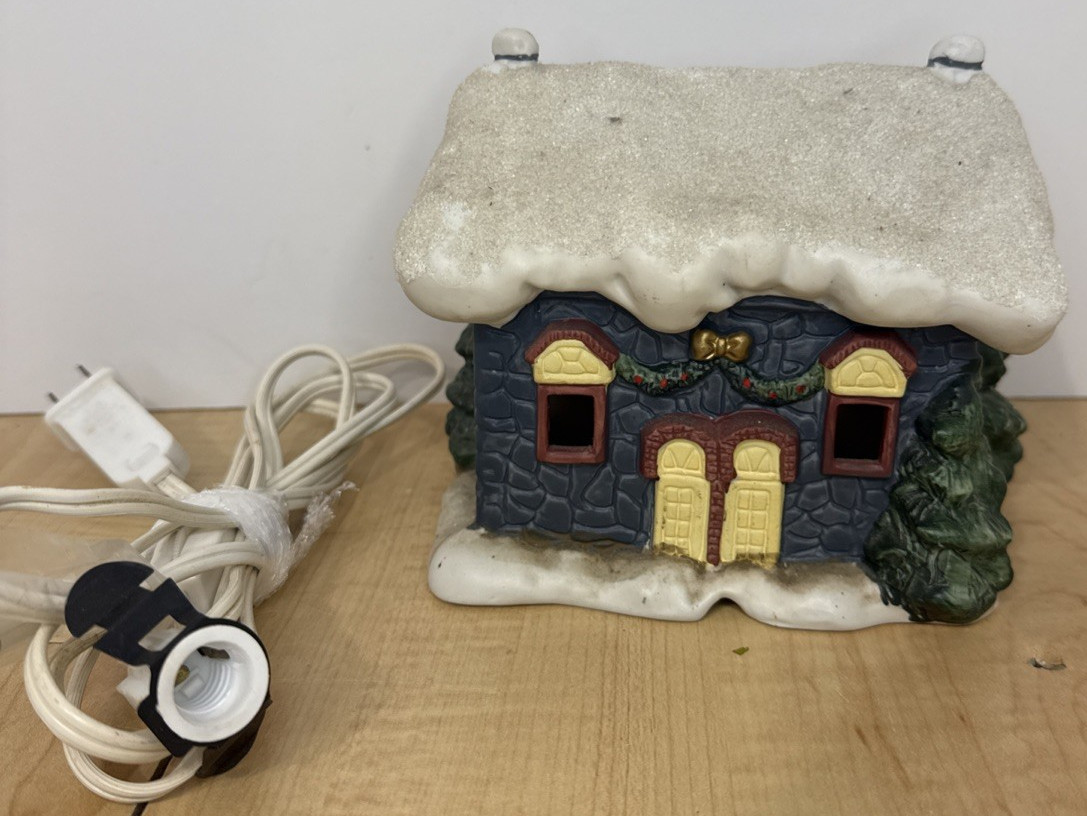 Lighted Blue Cobblestone Christmas Village House Snow Roof Tree Vintage