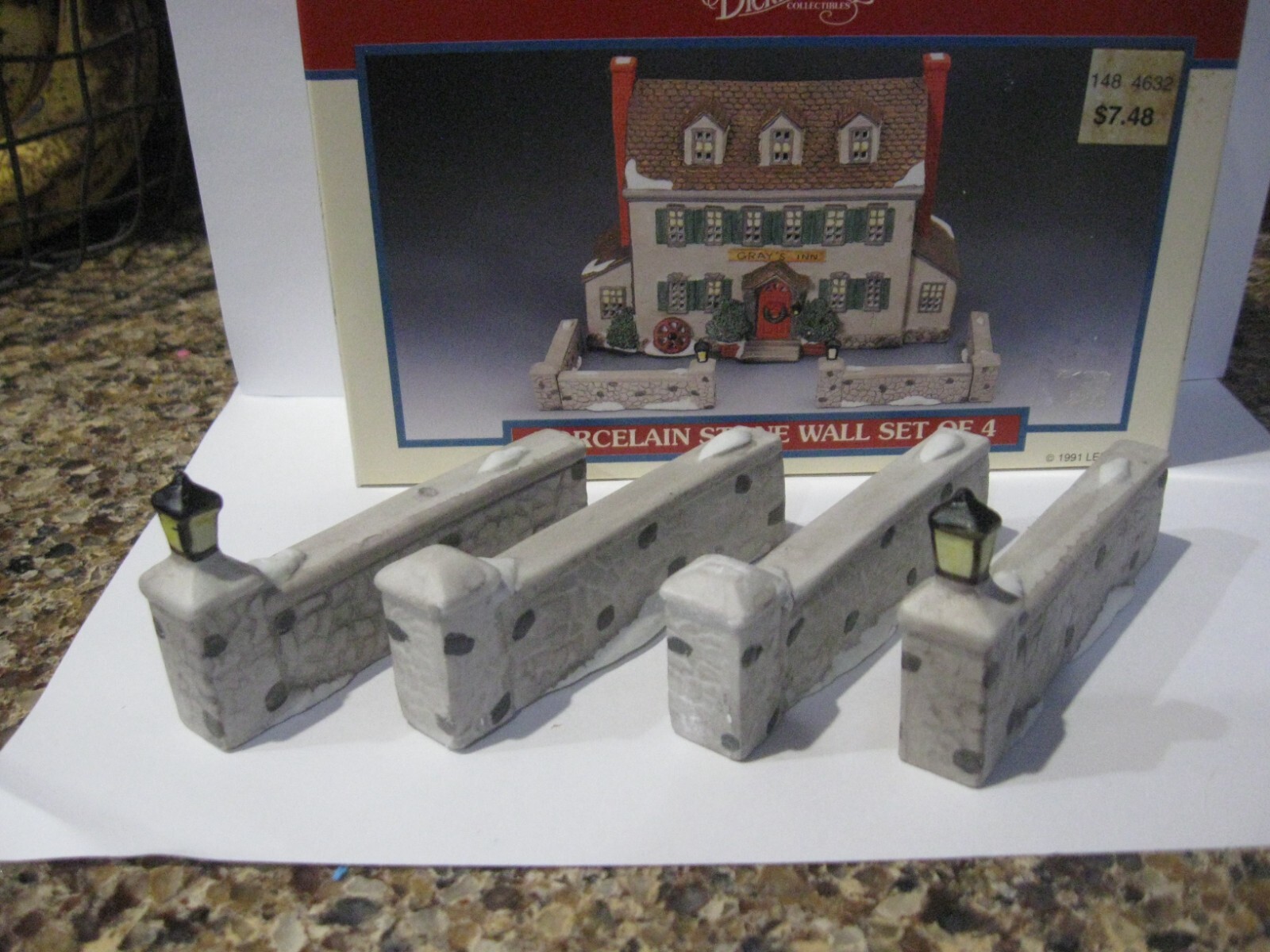 Vintage 1991 Lemax Village Porcelain “Stone Wall” Set of 4 ORIGINAL BOX