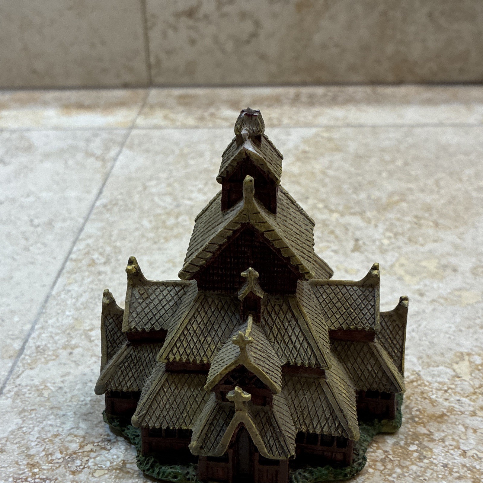 Resin Miniature Village House Figurine, Brown/Green Matte Finish, Small