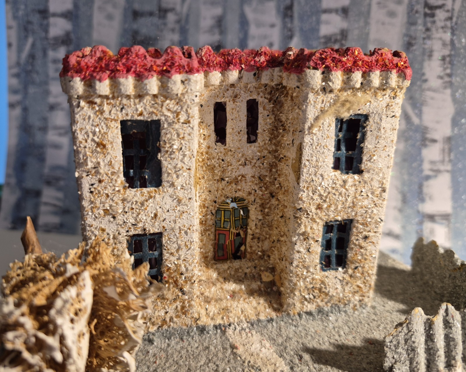 Vintage Putz House Christmas Cardboard Tree Fence Glitter House