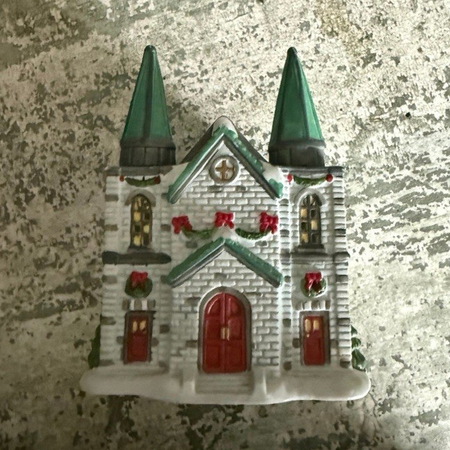 Trim a Home 1994 Christmas Village Church Ceramic House Painted White Green Red