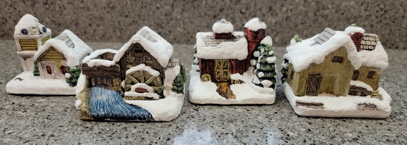 4 1989 RSVP American Rustic Series Painted Christmas Cottages, Labels, barn mill