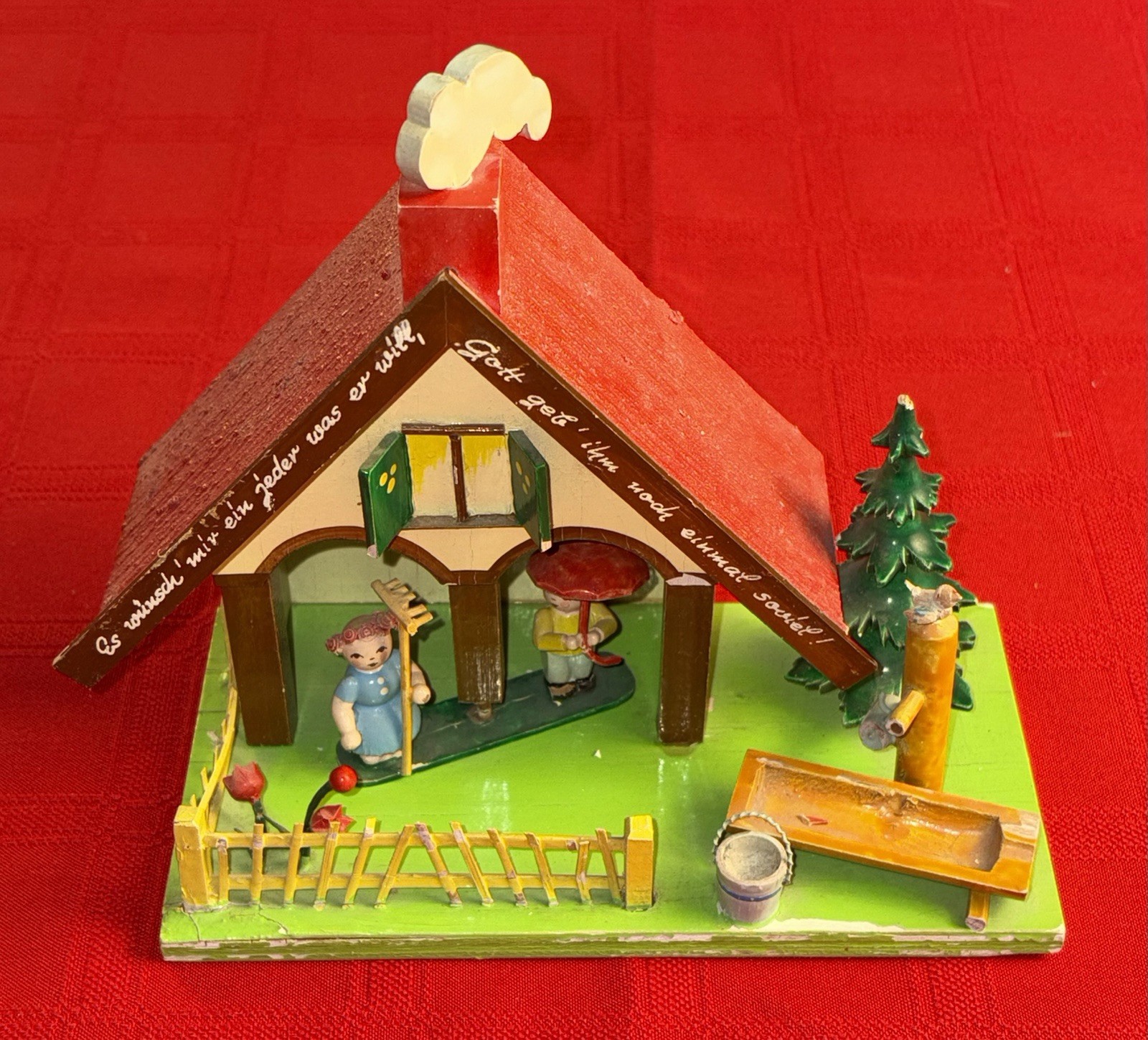 Vintage German Wooden Folk Art House Moving Figures Crank Toy Erzgebirge