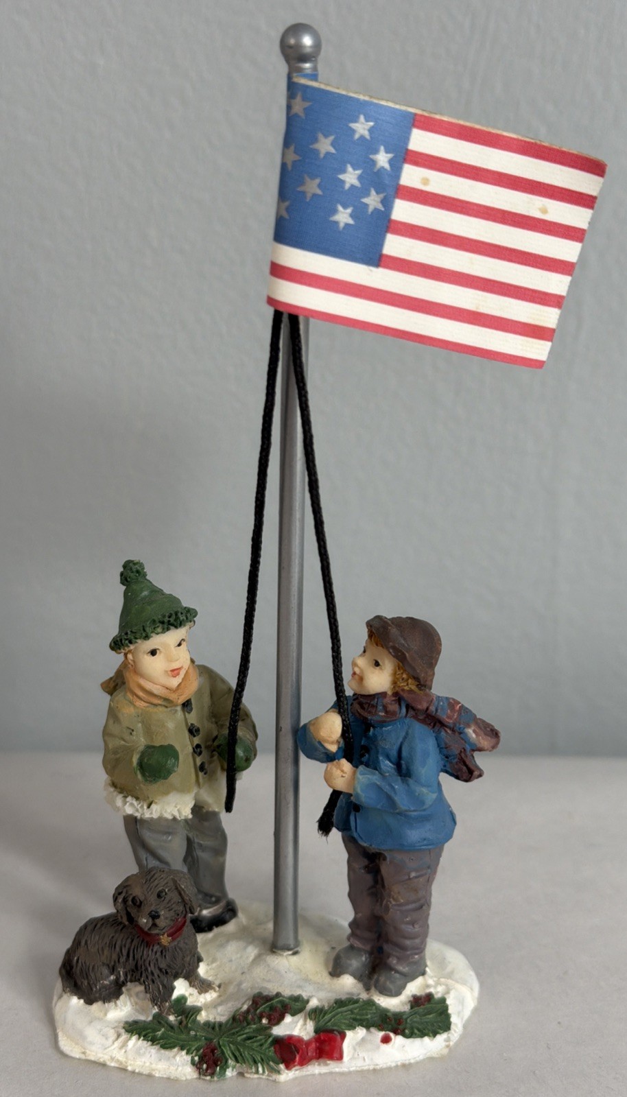 Christmas Village Accessory Raising the American USA Flag Boys Children Dog Vtg