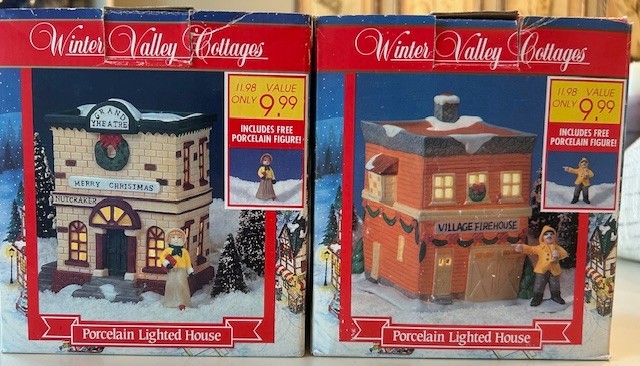 Lot of 2 – Winter Valley Cottages Porcelain Lighted House – Theatre & Firehouse