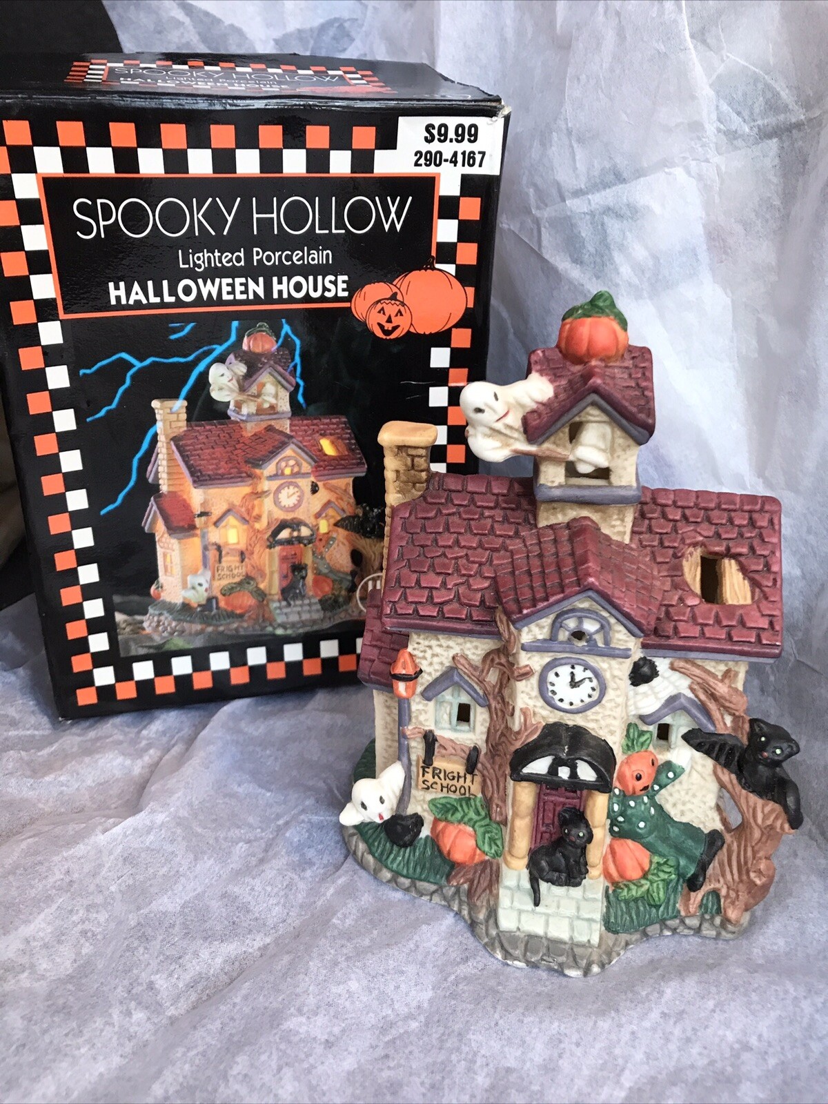 1998 SPOOKY HOLLOW LIGHTED PORCELAIN HALLOWEEN HOUSE ~FRIGHT SCHOOL~ 290-4167