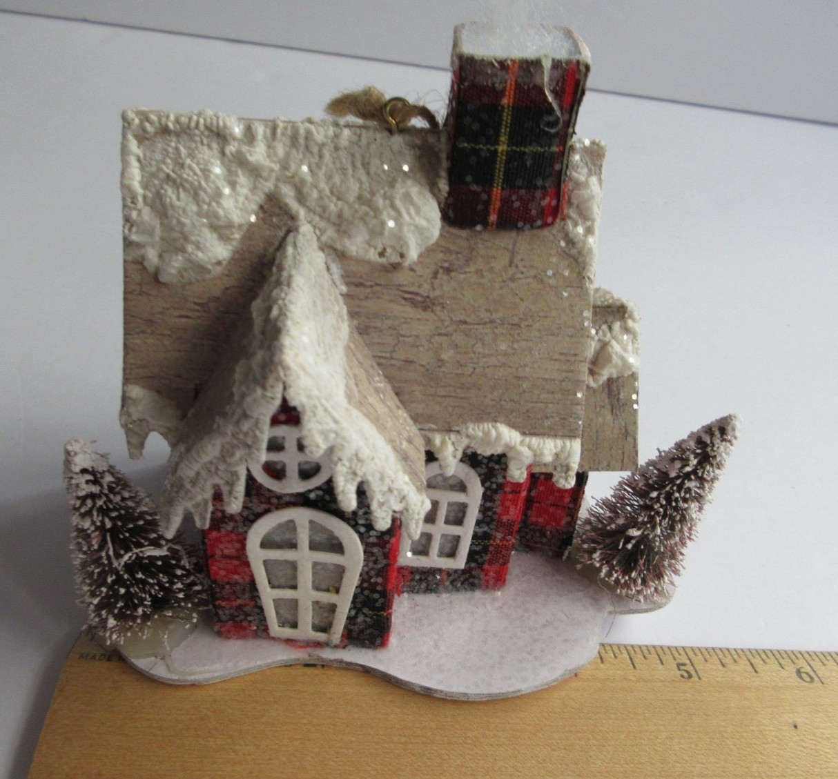Christmas House Glitter Putz Cardboard Bottle Brush Trees Ornament Lights Up LED