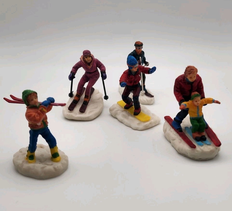 Christmas Village Accessories Skiers Snowboard Ski Lemax Village Set of 5