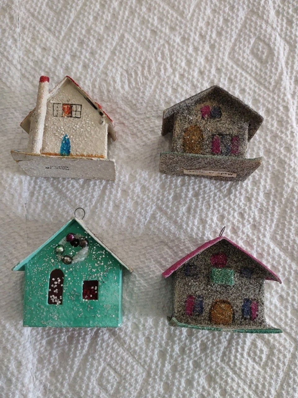 Vintage Lot Of 4 Putz Cardboard Paper Mache Mica Glitter Christmas houses Japan