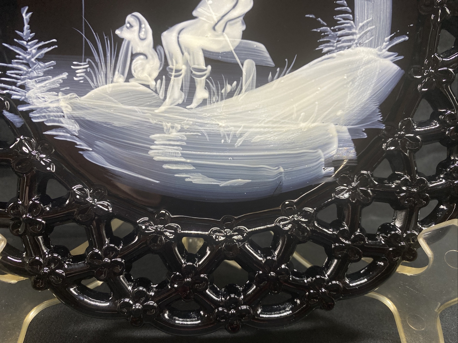 Westmoreland Black Glass Hand Painted Plate w/ Mary Gregory Design BOY & DOG