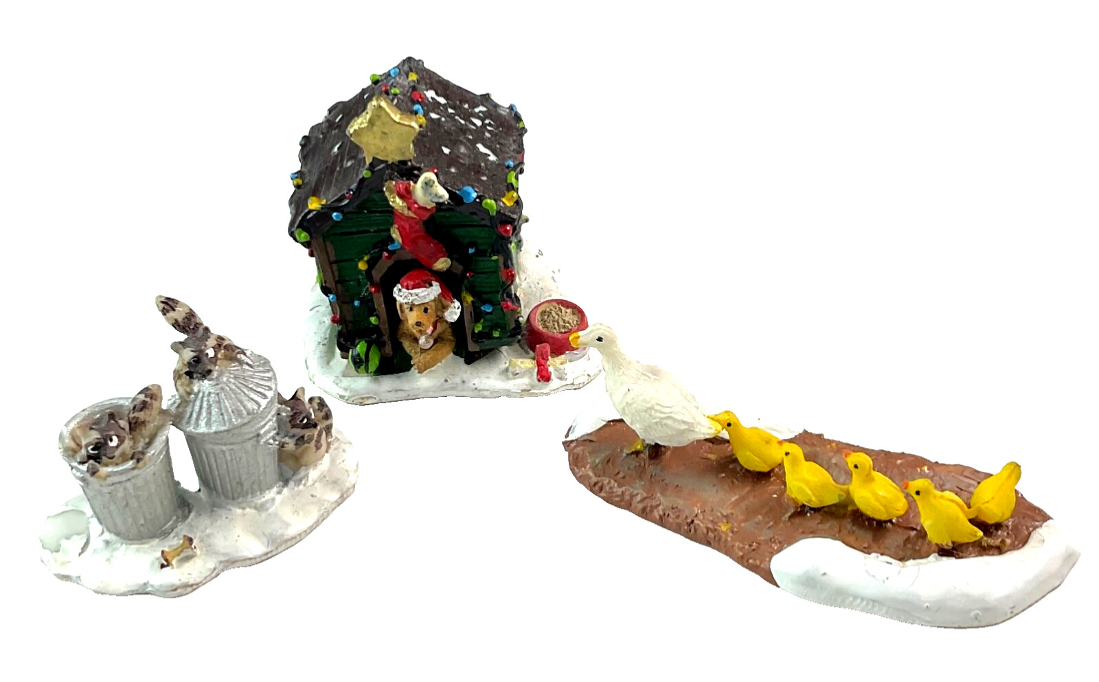 Lemax Christmas Village Figurines Dog Decorated House Raccoons Trash Can Ducks