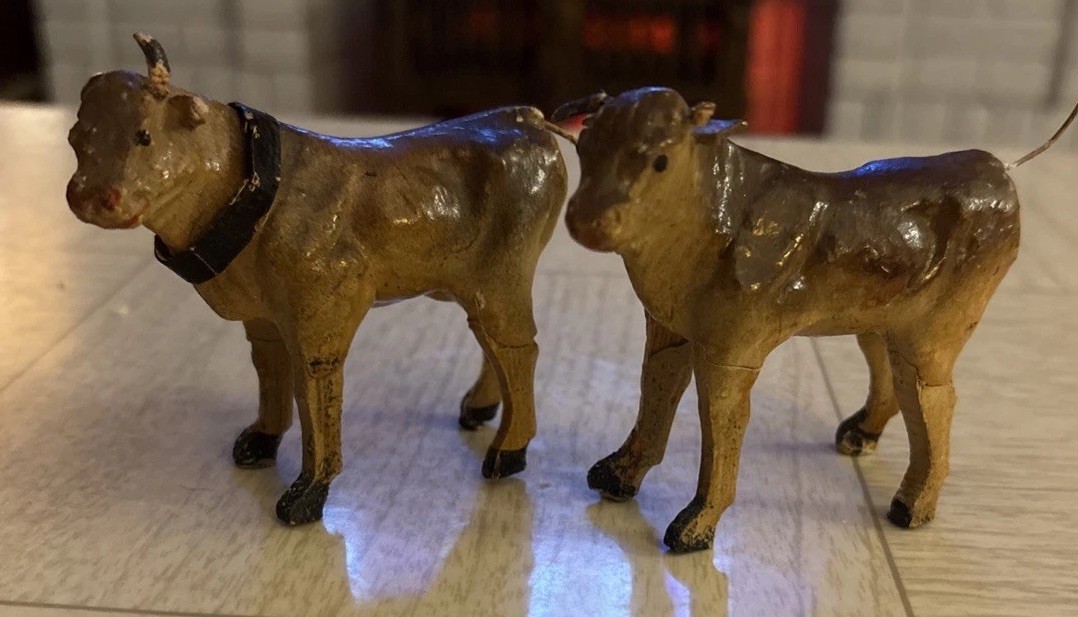 Antique German Composition Christmas Putz Stick Leg Cows Lot Of 2 1920s