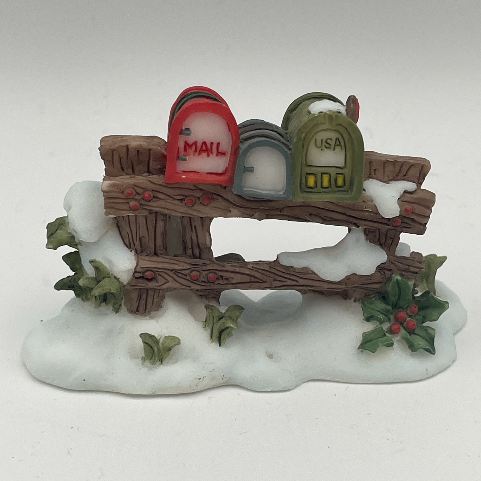 O’Well Owell Christmas Village Fence With Mailboxes Snow Ice Bush Landscape