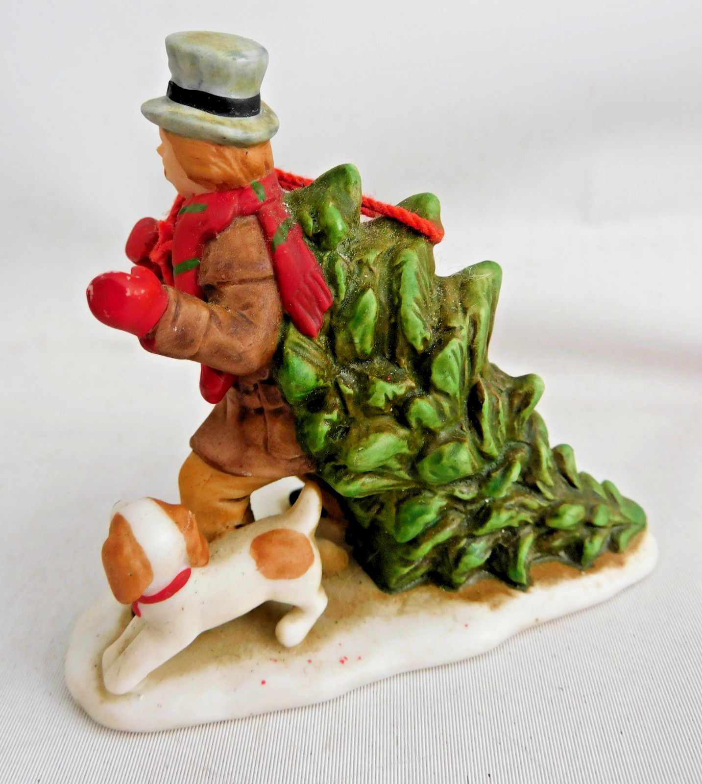 Man with Christmas Tree and Dog Lefton Colonial Village Porcelain 1989 2-5/8″H