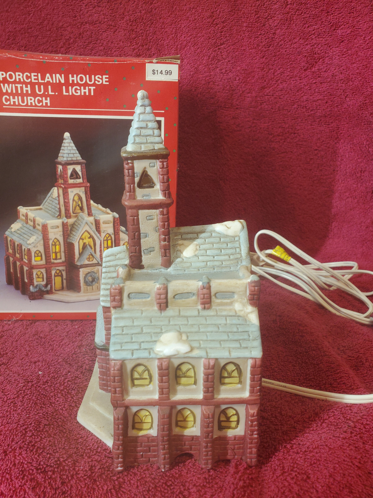 Holiday Magic Porcelain Church With Steeple 8″ W/Box W/Lighting