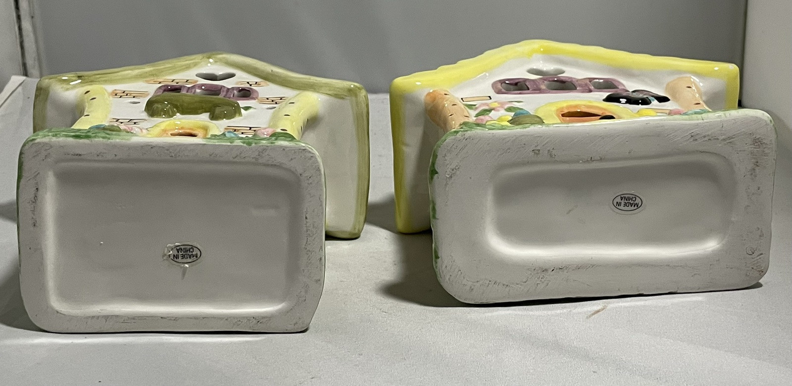 2 International Bazaar Ceramic Easter Houses Votives Holders Spring Pastels