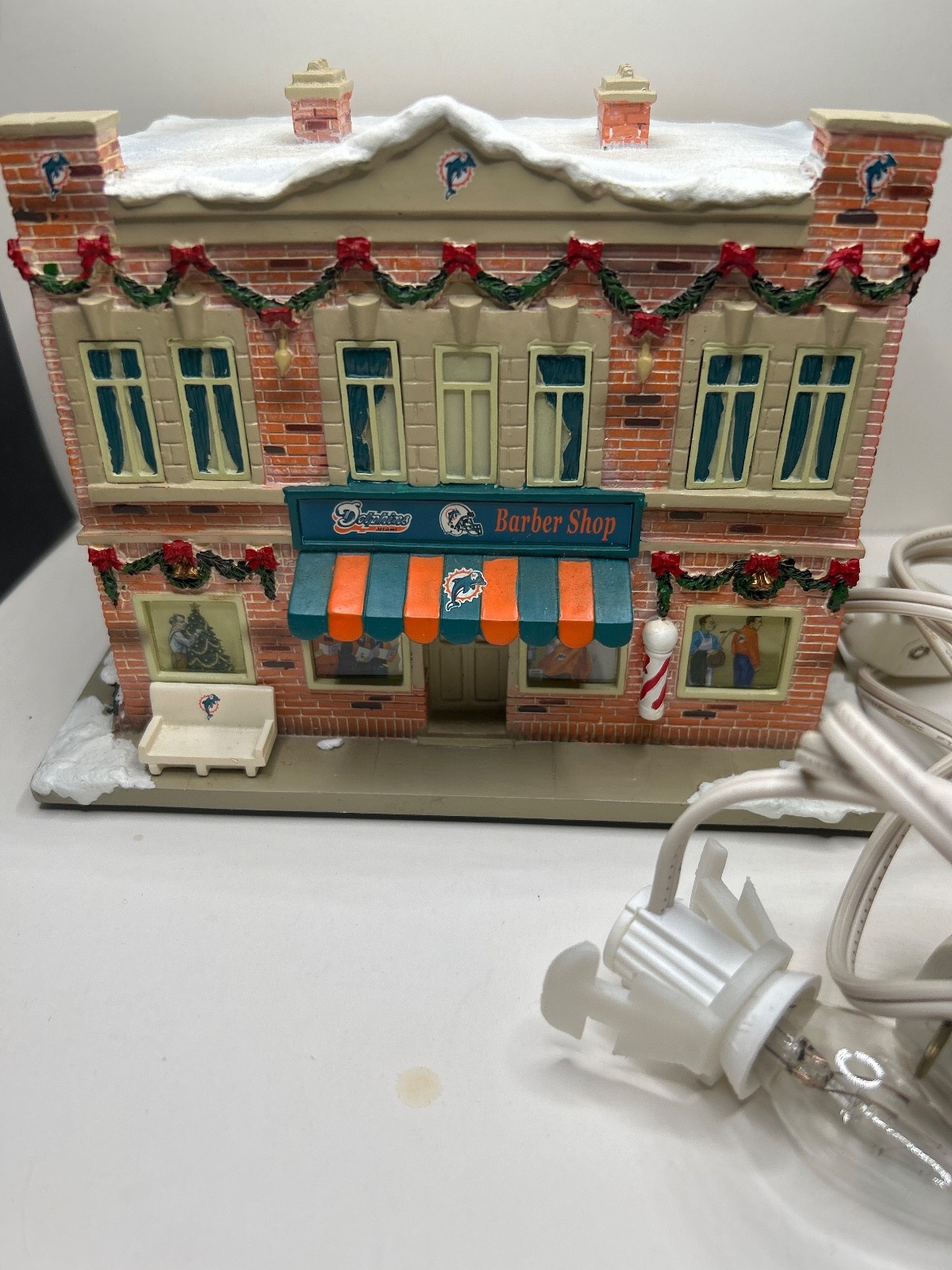 Hawthorne Christmas Village Miami Dolphins 2004 VHTF Barber Shop missing flags