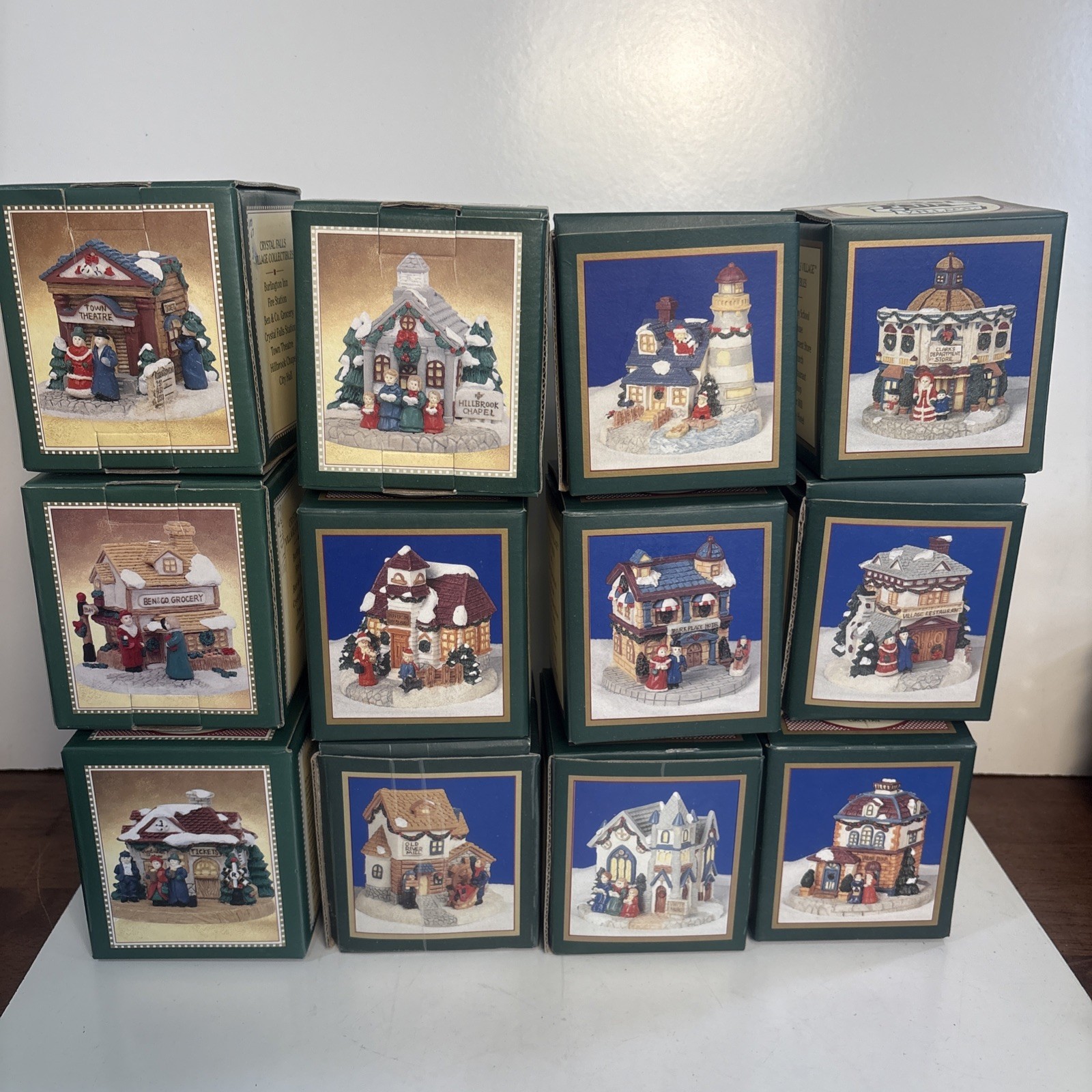SET OF 12 Christmas Vintage Crystal Falls Village Buildings, 4pc 1992, 8pc 1994
