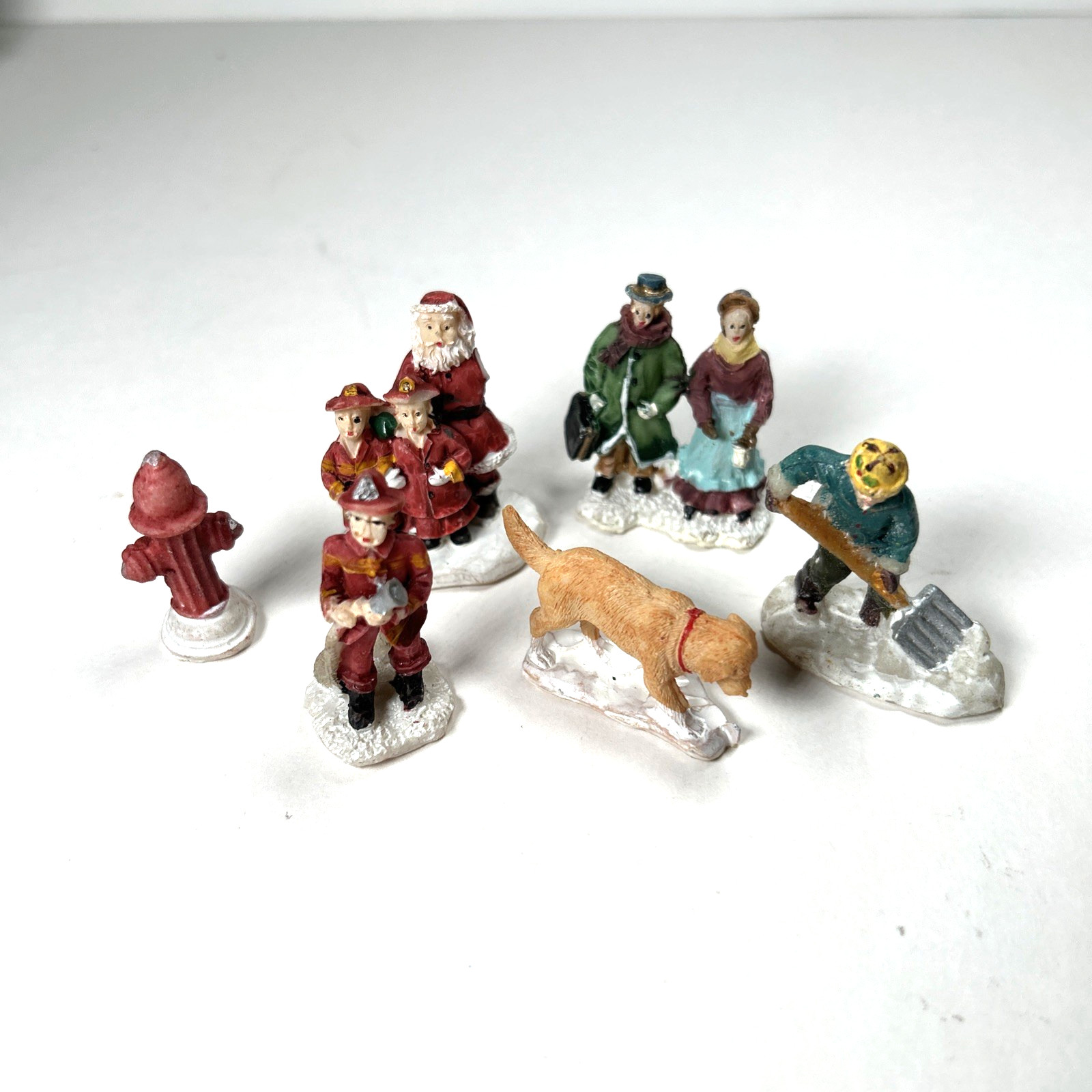 Lot of 6 SMALL Christmas Village Hand-Painted Figures Fireman Santa Doggie
