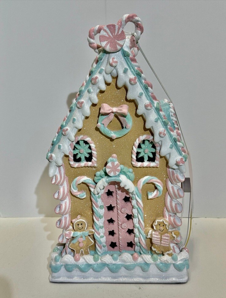 Christmas Gingerbread Pink Pastel House Lights Up 14.5” Large