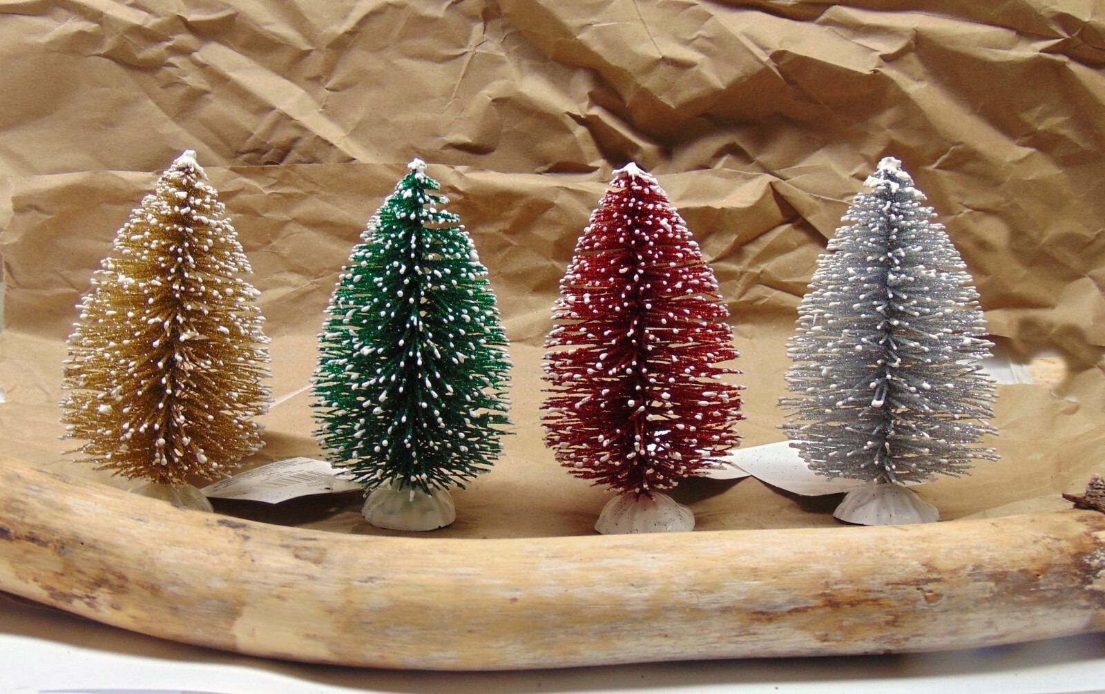 Set 4 Glitter + Snow Frosted Bottle Brush CHRISTMAS Trees 5″ Tall (SIsal style)