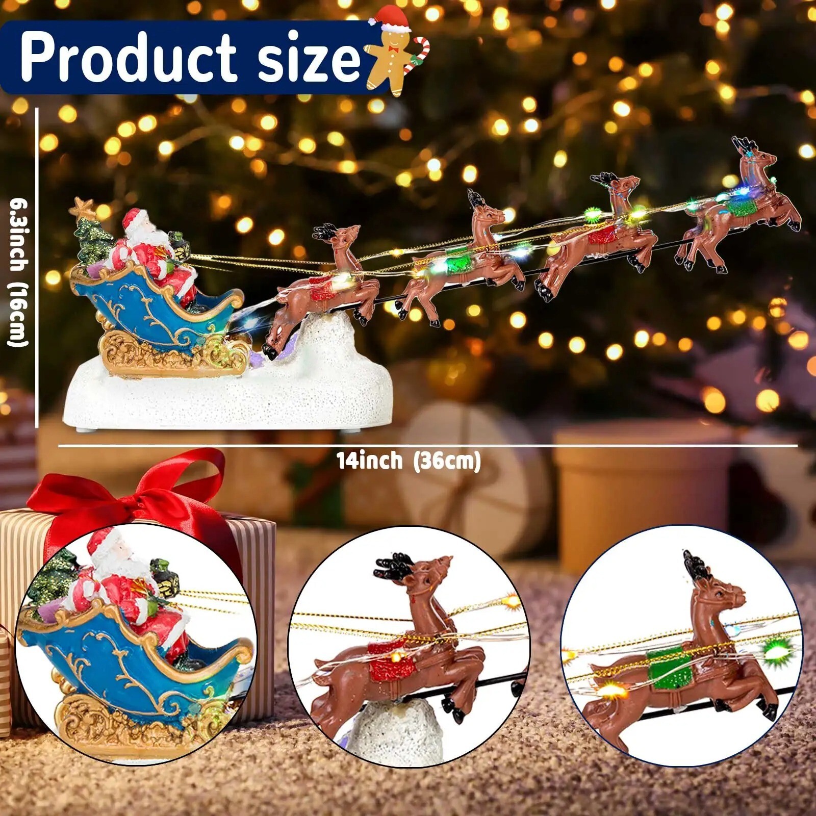 Christmas Snow Village Santa’s Sleigh Reindeer with LED Light Music, Xmas Decor