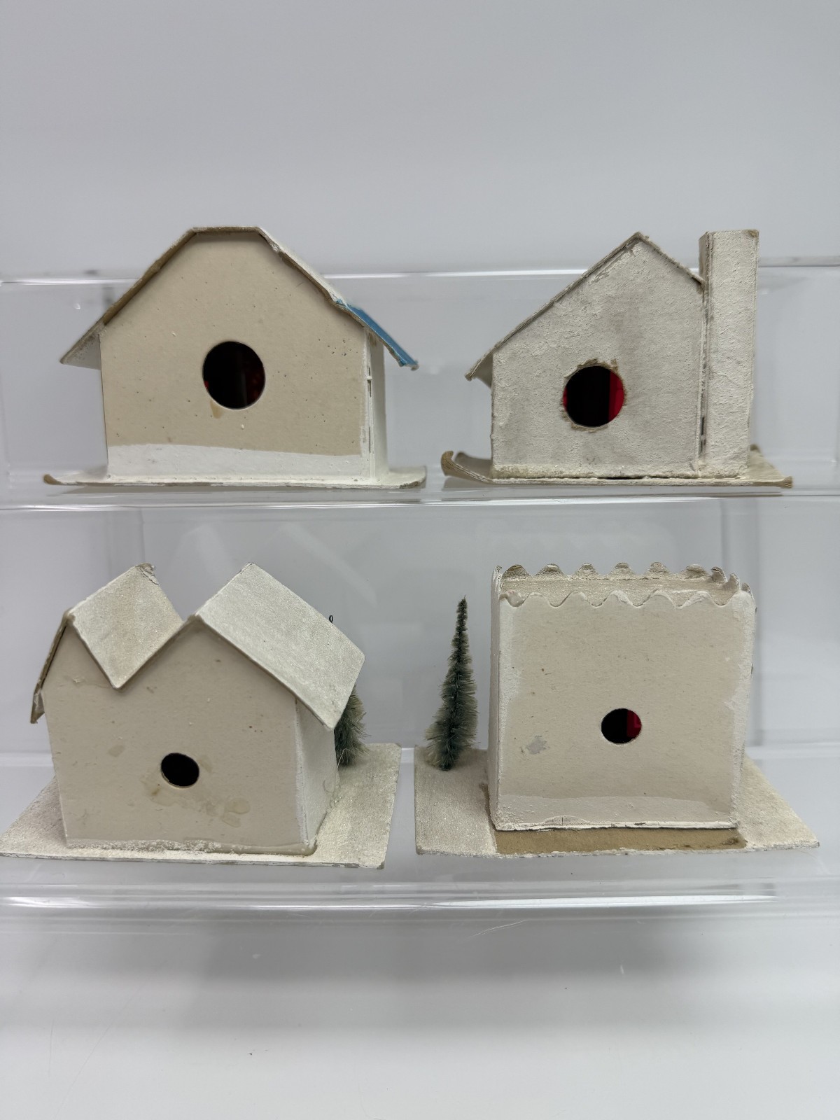 Vintage Christmas Putz House Lot Of 4 Cardboard Mica Glitter Japan