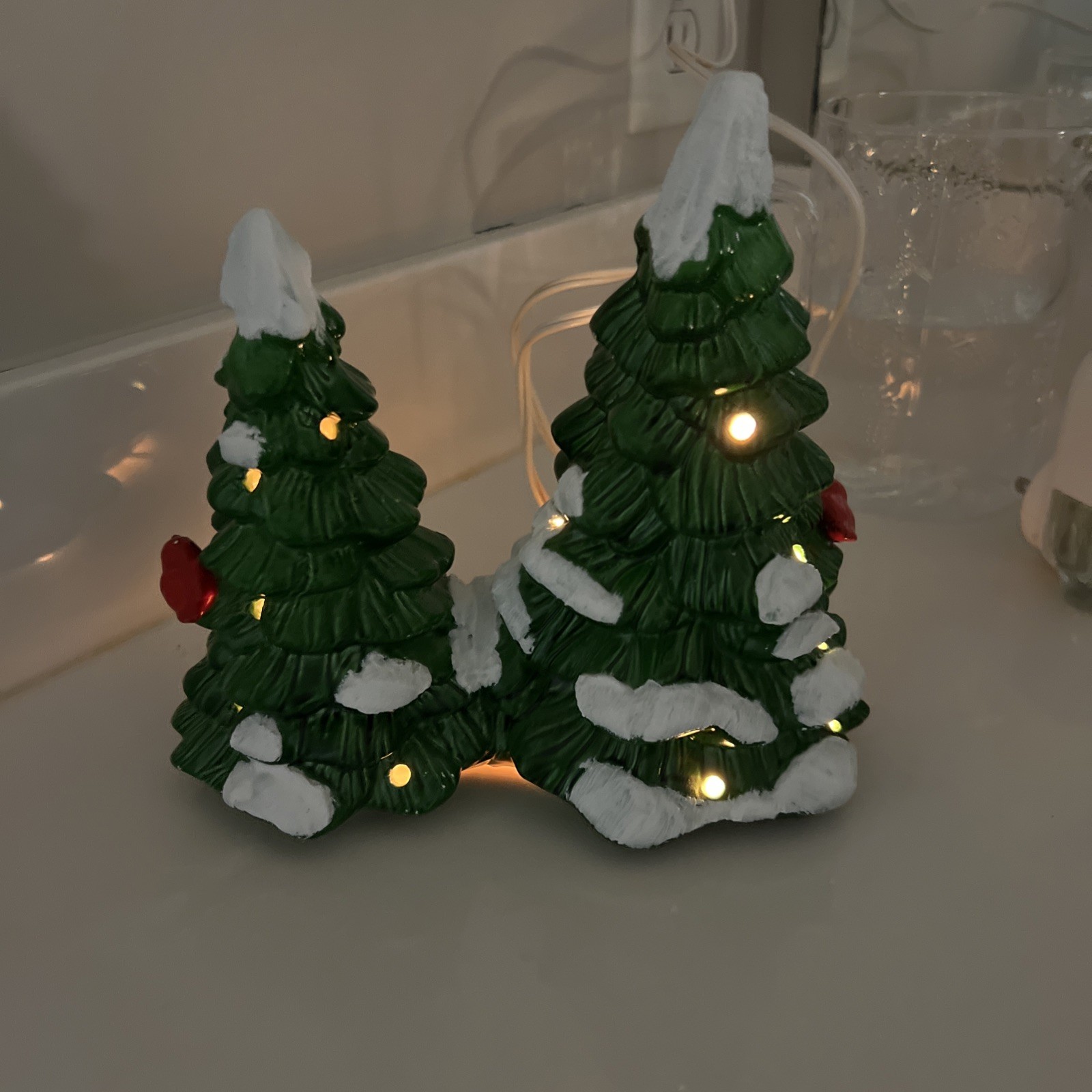 Vintage 1984 Dept 56 Light Up Double Tree Snowy Christmas With Red Cardinal