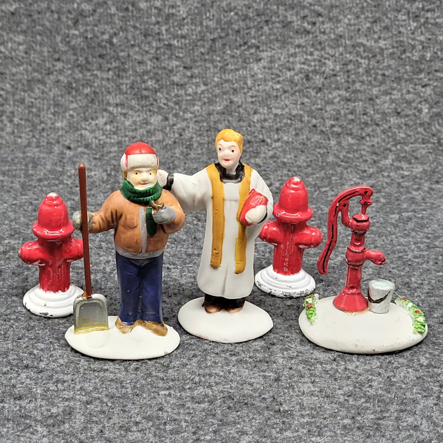 Vintage Lemax Figurines Priest Man w/ Shovel Hand Pump 2 Fire Hydrant