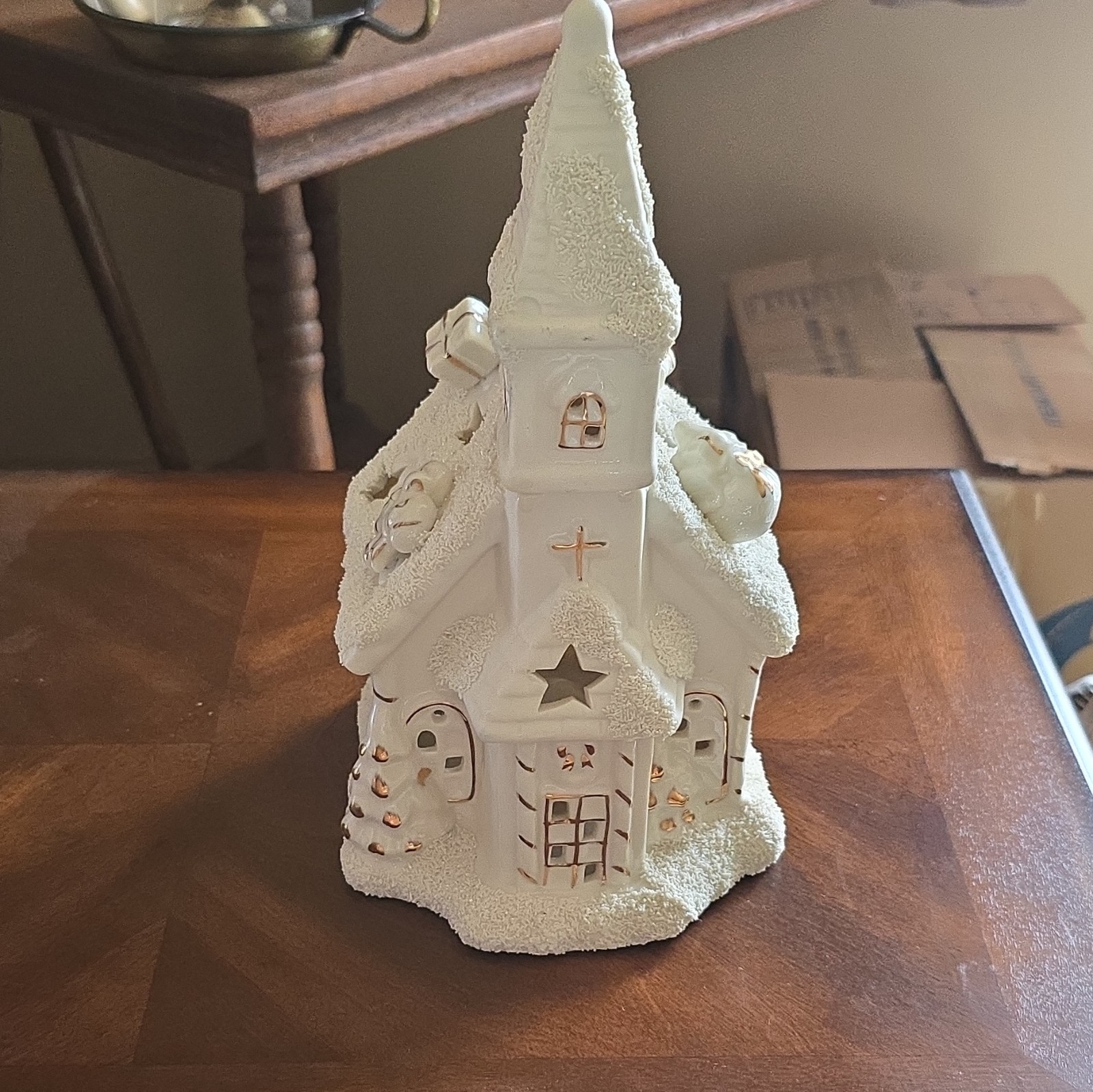 White Ceramic Christmas Village Church House Building Figurine w/ Star Cutouts