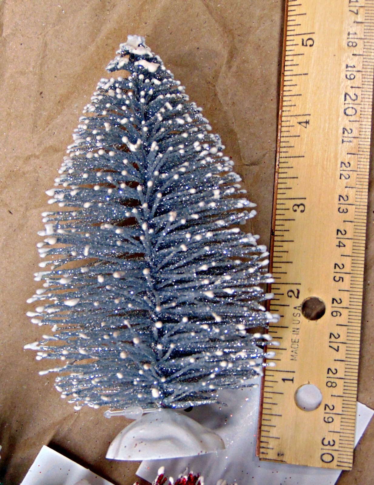 Set 4 Glitter + Snow Frosted Bottle Brush CHRISTMAS Trees 5″ Tall (SIsal style)