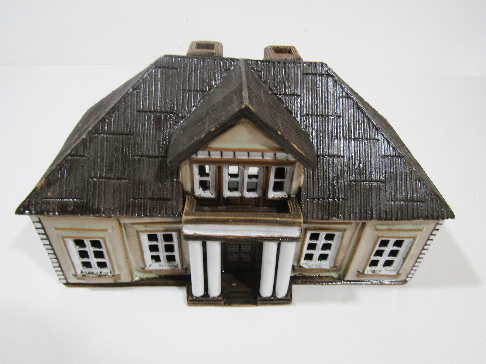 Vintage Clay Ceramic Pottery Tealight Candle Holder Victorian House 8″ W, 4.5″ H