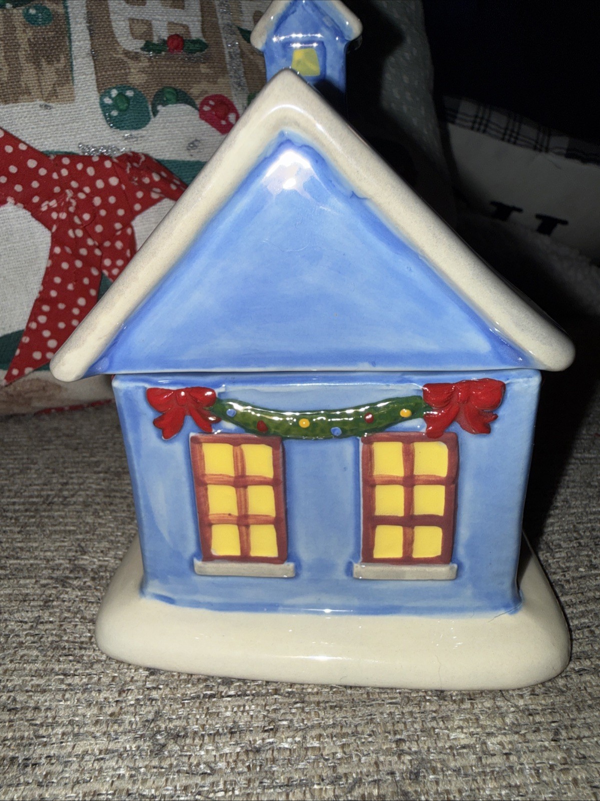 TEMPTATIONS CHRISTMAS VILLAGE HOUSE, 8 OZ. LIDDED CERAMIC RAMEKIN, 6” TALL