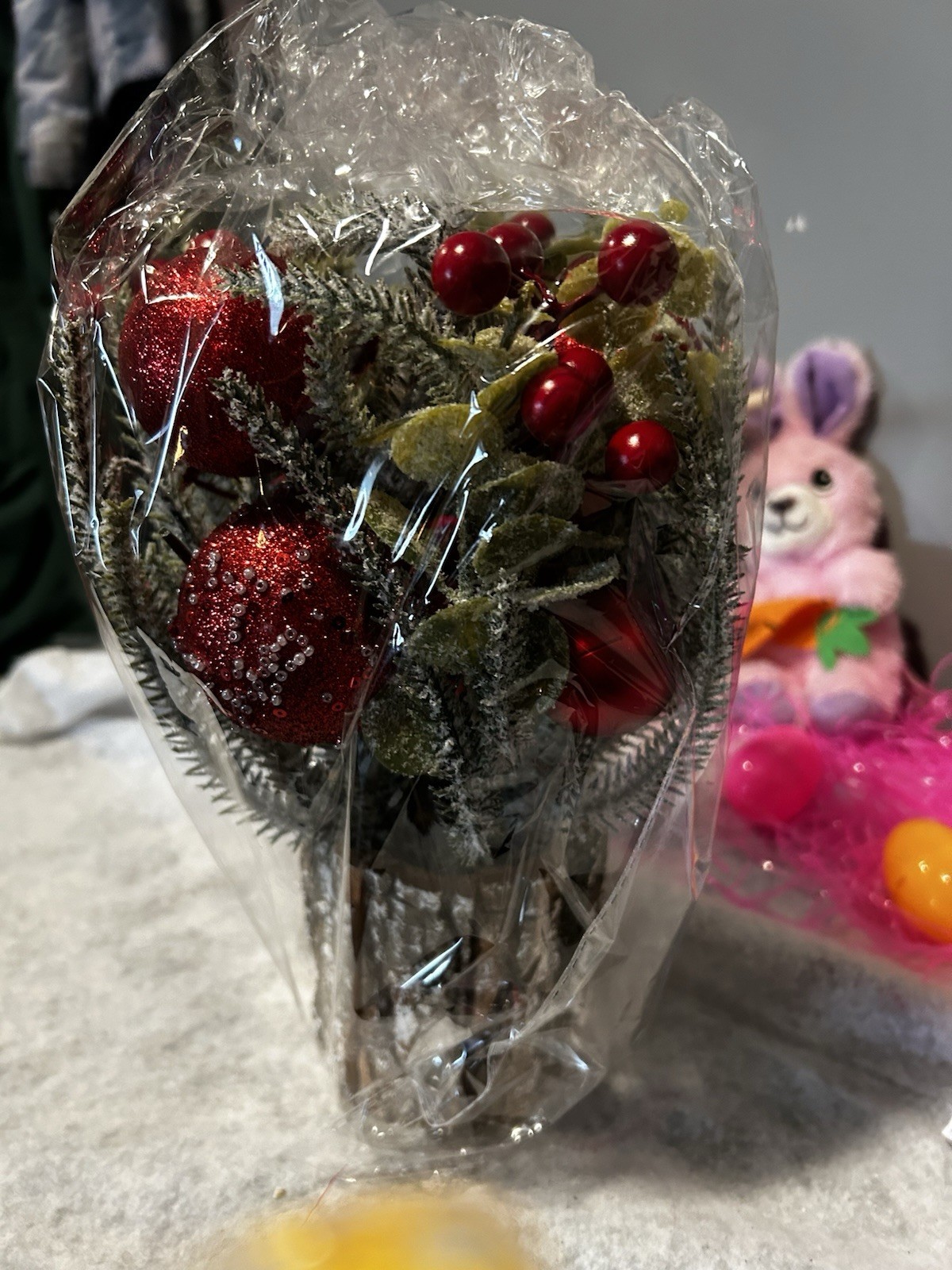 Mini Christmas Tree Tabletop Decor Rustic Log Base Ornaments Berries Holiday