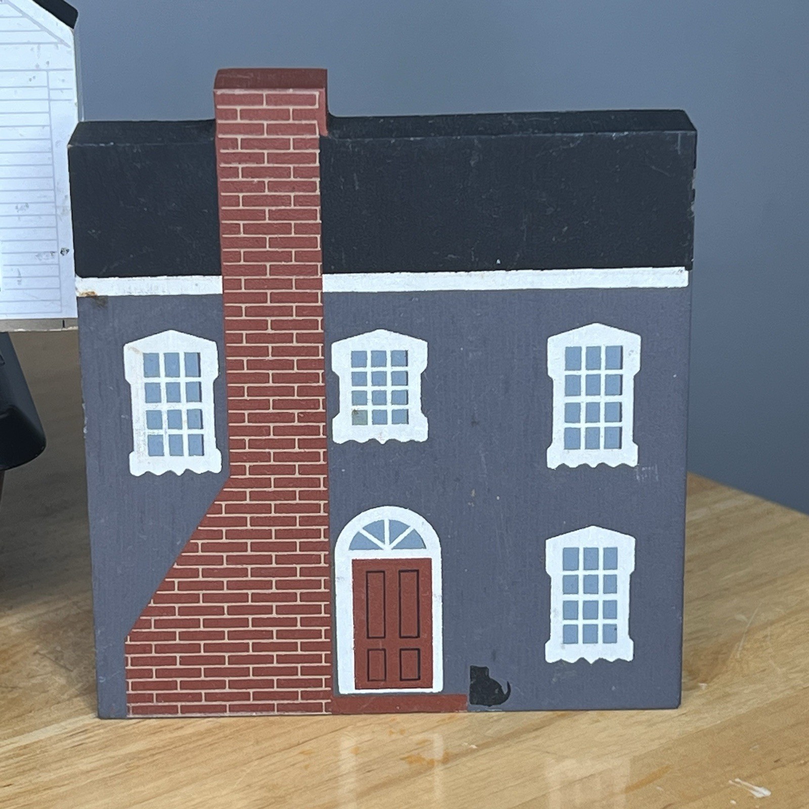 Primitive Folk Art Wood Block Village House Set Of 5 Painted Shop Cats Meow See