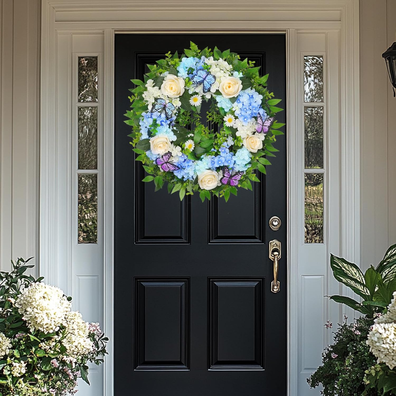 [Lighted & Timer] 24″ Spring Summer Wreaths for Front Door Blue Hydrangea Wre…