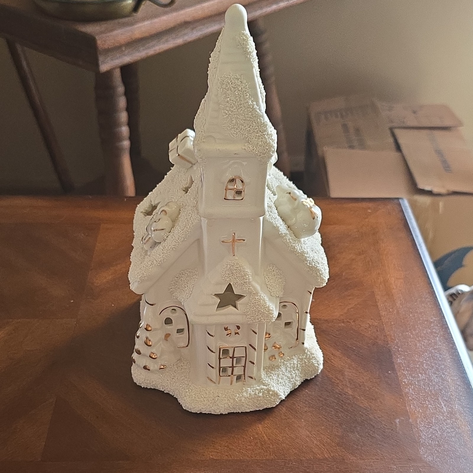 White Ceramic Christmas Village Church House Building Figurine w/ Star Cutouts