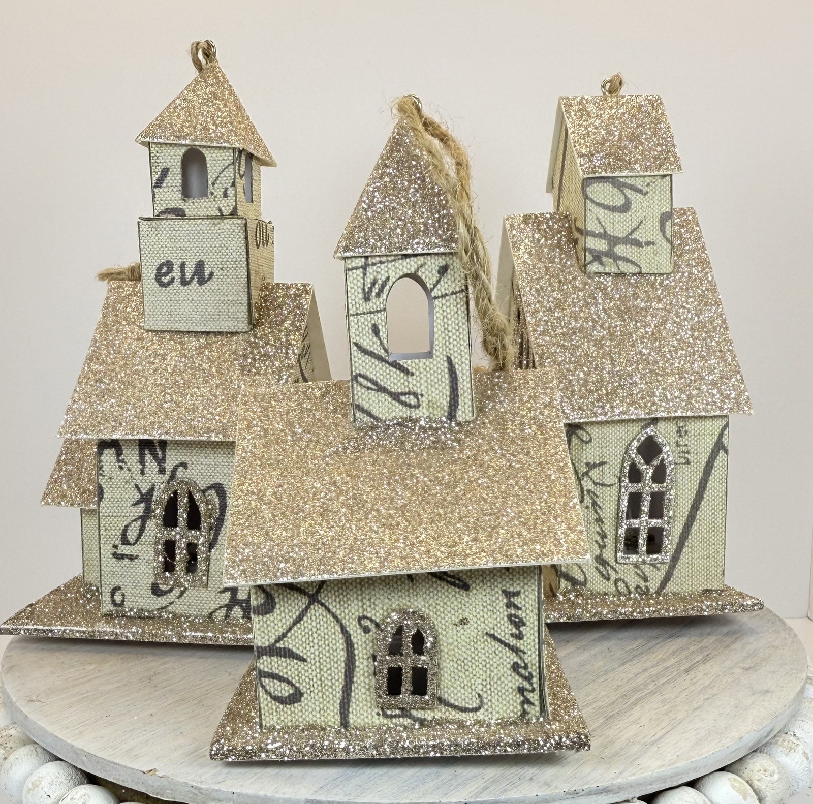 Christmas Church Ornament Light Up Set Of 3 Cardboard Glitter Decor