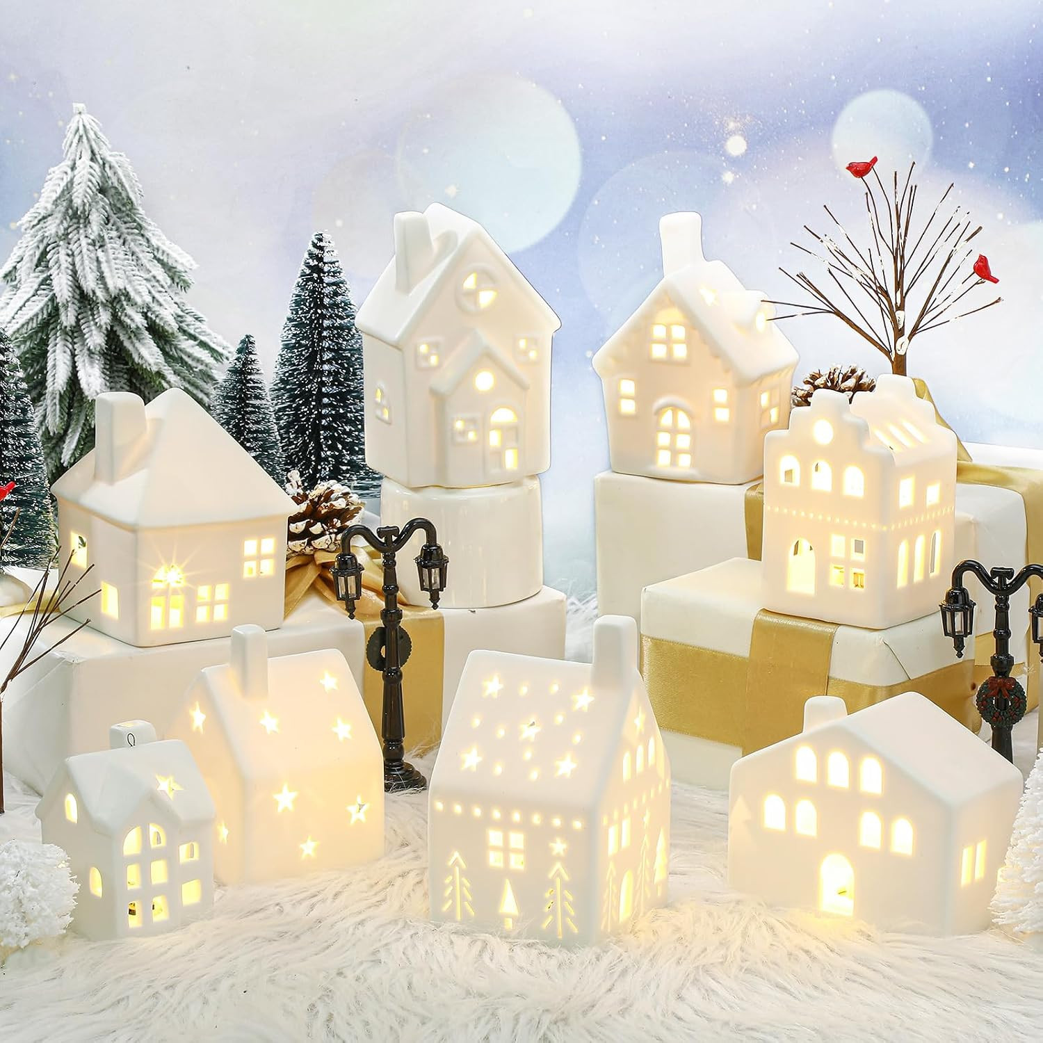 26 Pcs Ceramic Christmas Village Set 8 LED Christmas Village Houses 16 Xmas Tree